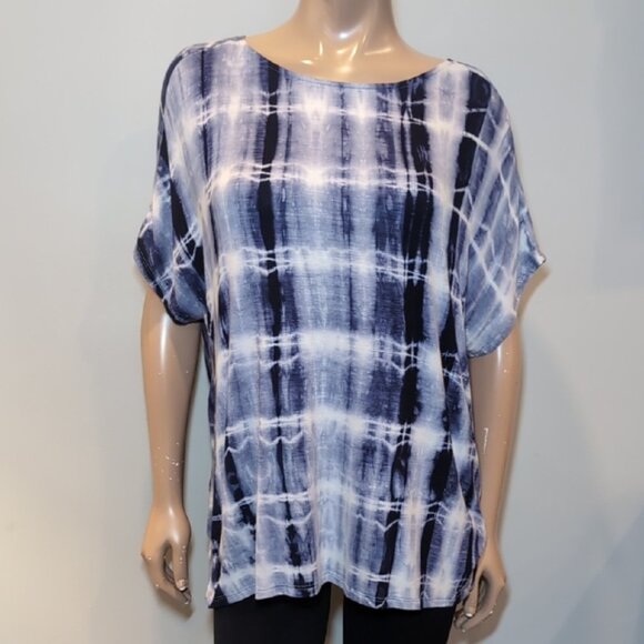 CY Fashion Blue White Tie-Dye Cuffed Sleeve Top Womens Size Large - Picture 8 of 10